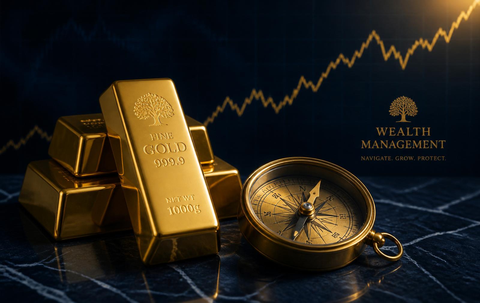Polished gold bullion bars and a brass compass on black marble beneath a rising gold market chart.