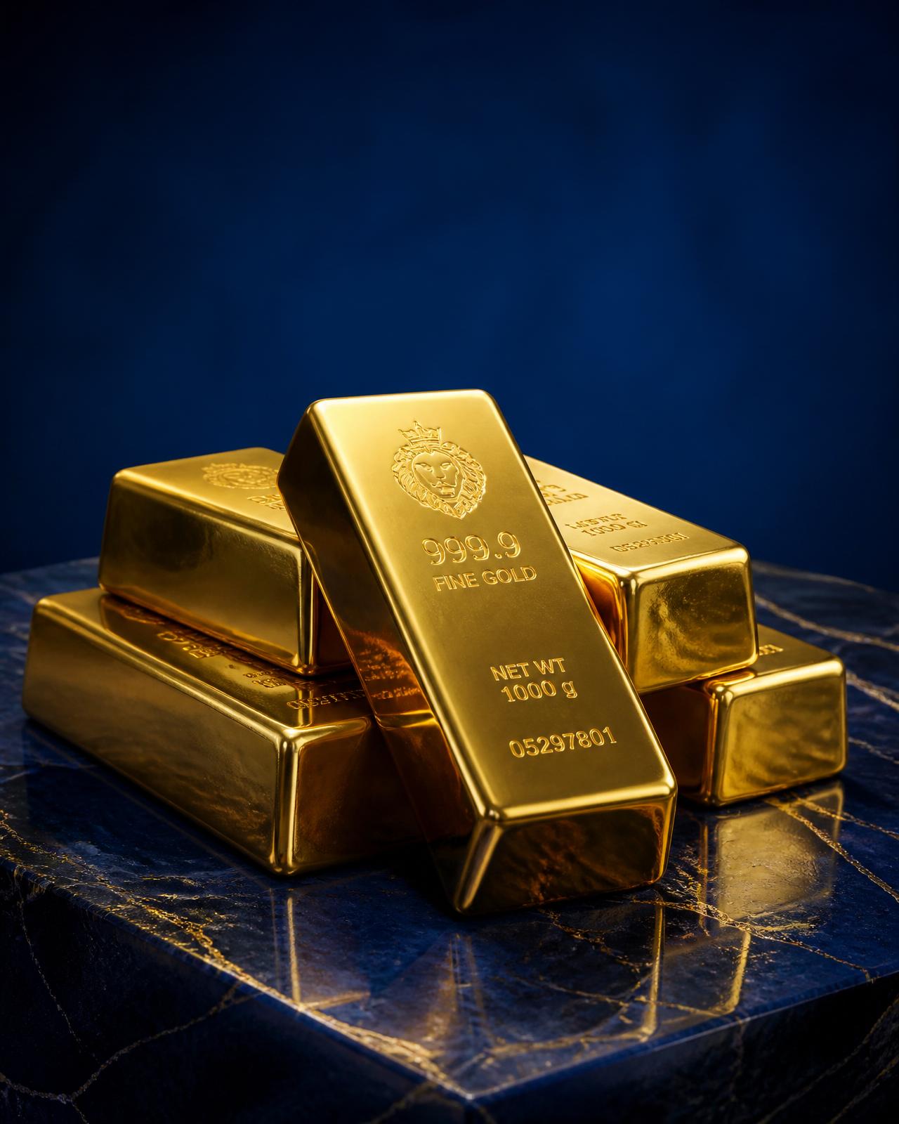 Stacked 999.9 fine gold bars resting on polished black marble against a deep burgundy backdrop.