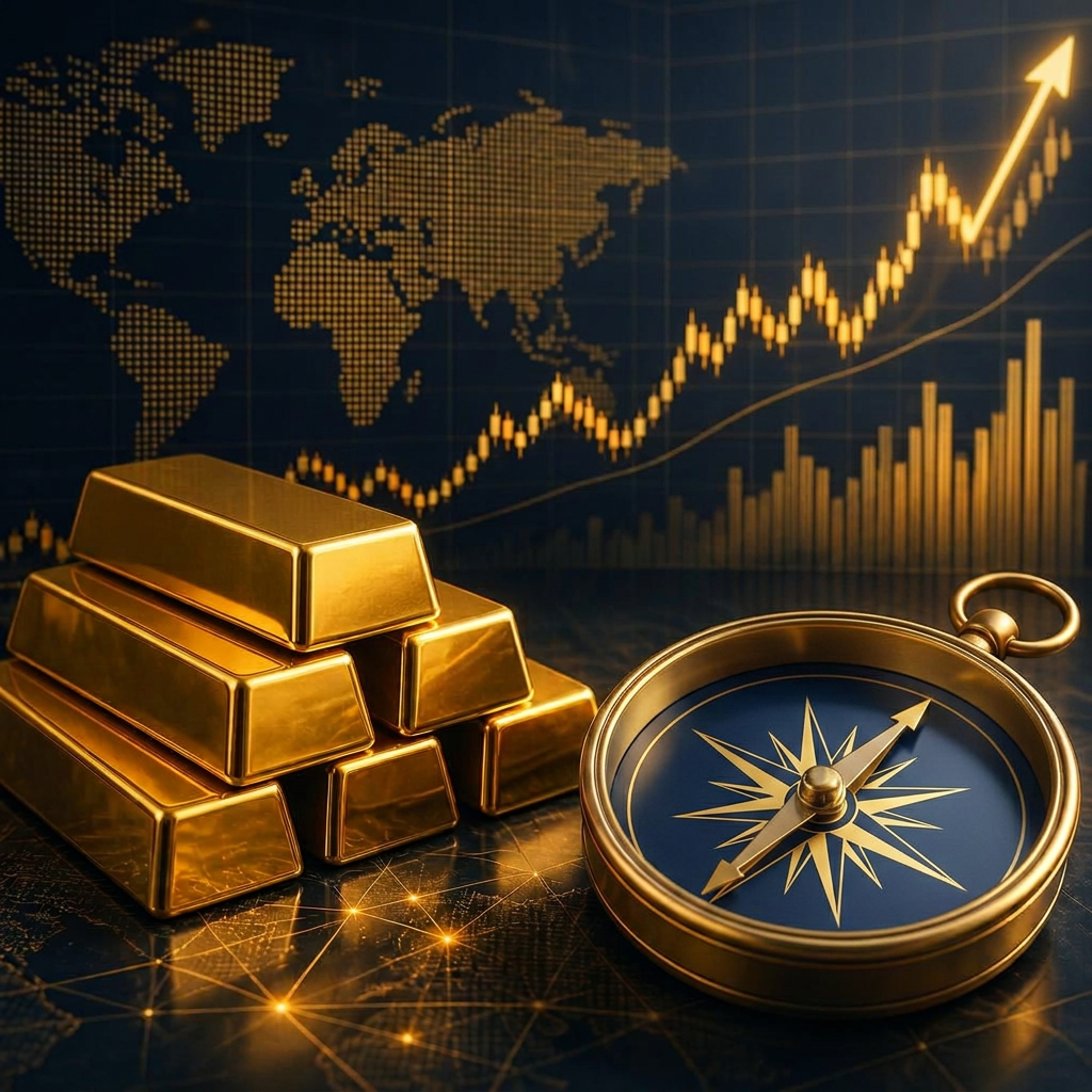Polished gold bullion bars and a brass compass on black marble beneath a rising gold market chart.